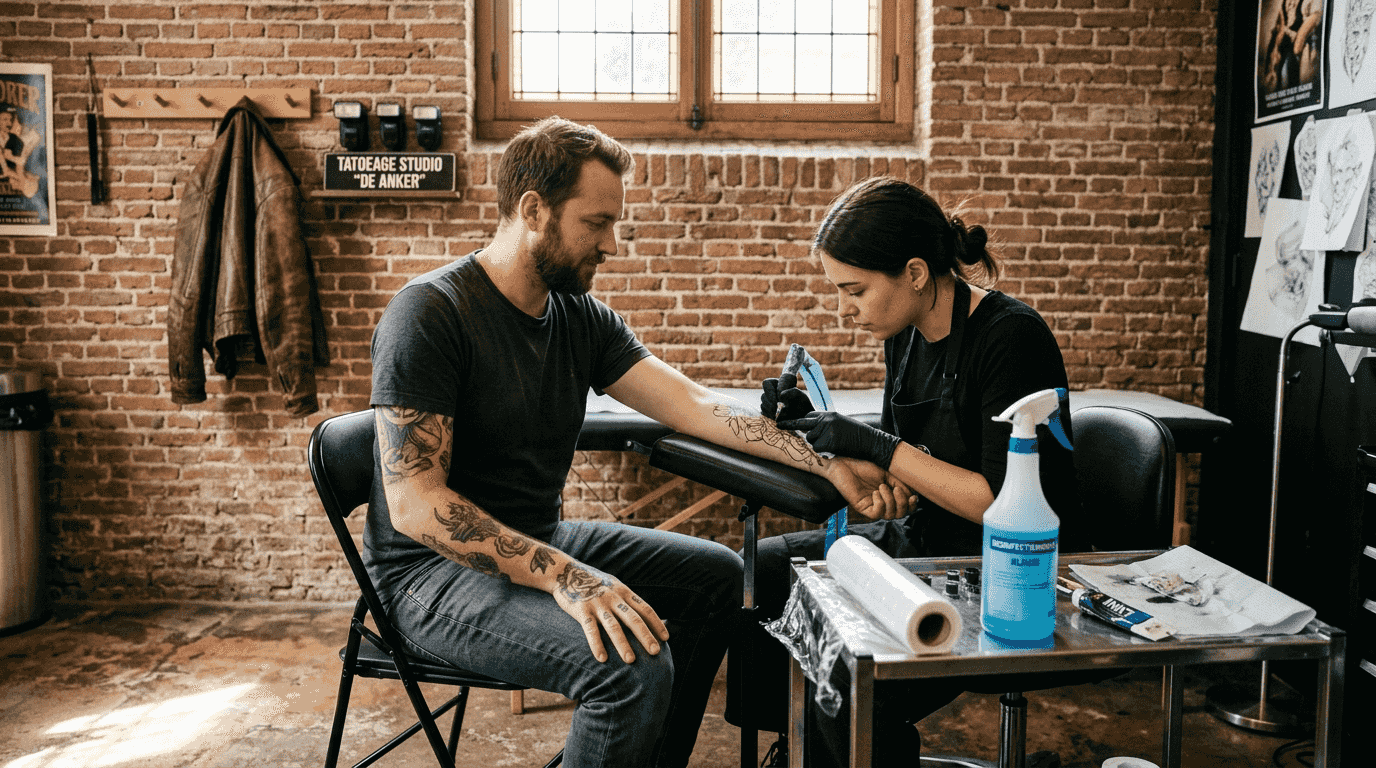 Man laat tatoeage zetten bij tattooshop