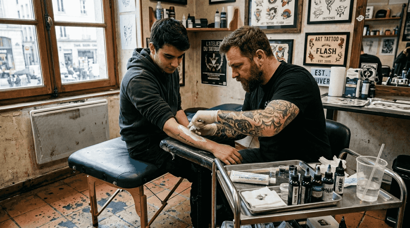 Le tatoueur applique une crème sur le bras de son client.