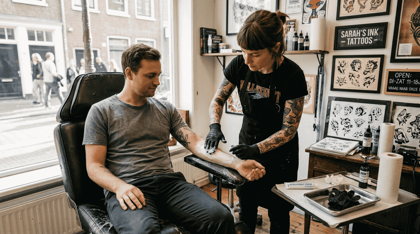 Een tatoeëerder brengt in de studio TKTX-crème aan op de huid.