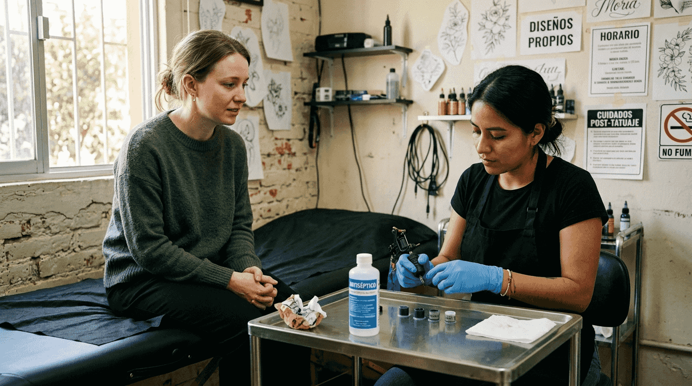 Mujer con piel sensible acude a un tatuador para resolver sus dudas