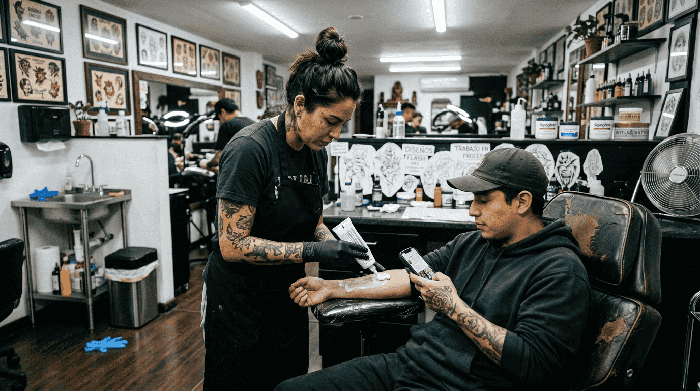 El tatuador aplica crema anestésica en el brazo del cliente antes de empezar la sesión.