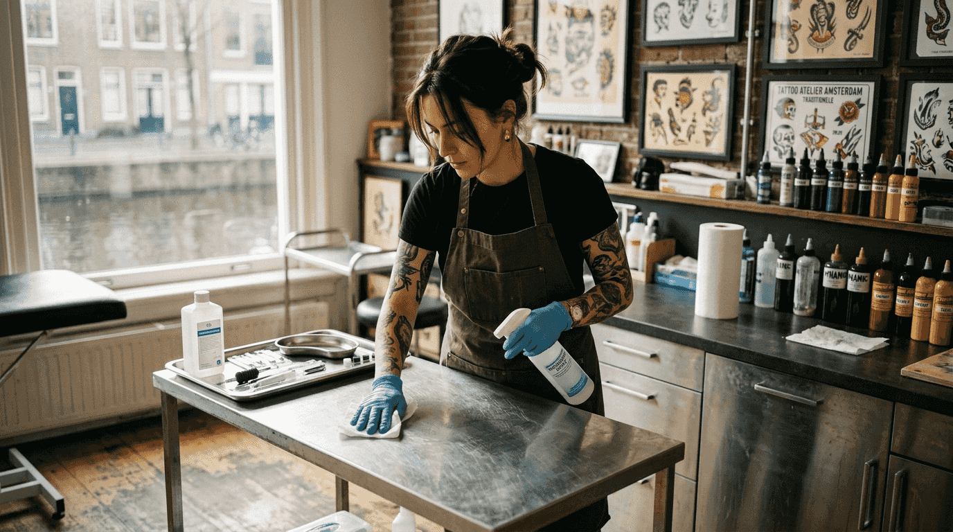 De tattoo-artiest maakt zijn werkplek in de studio weer schoon en netjes.