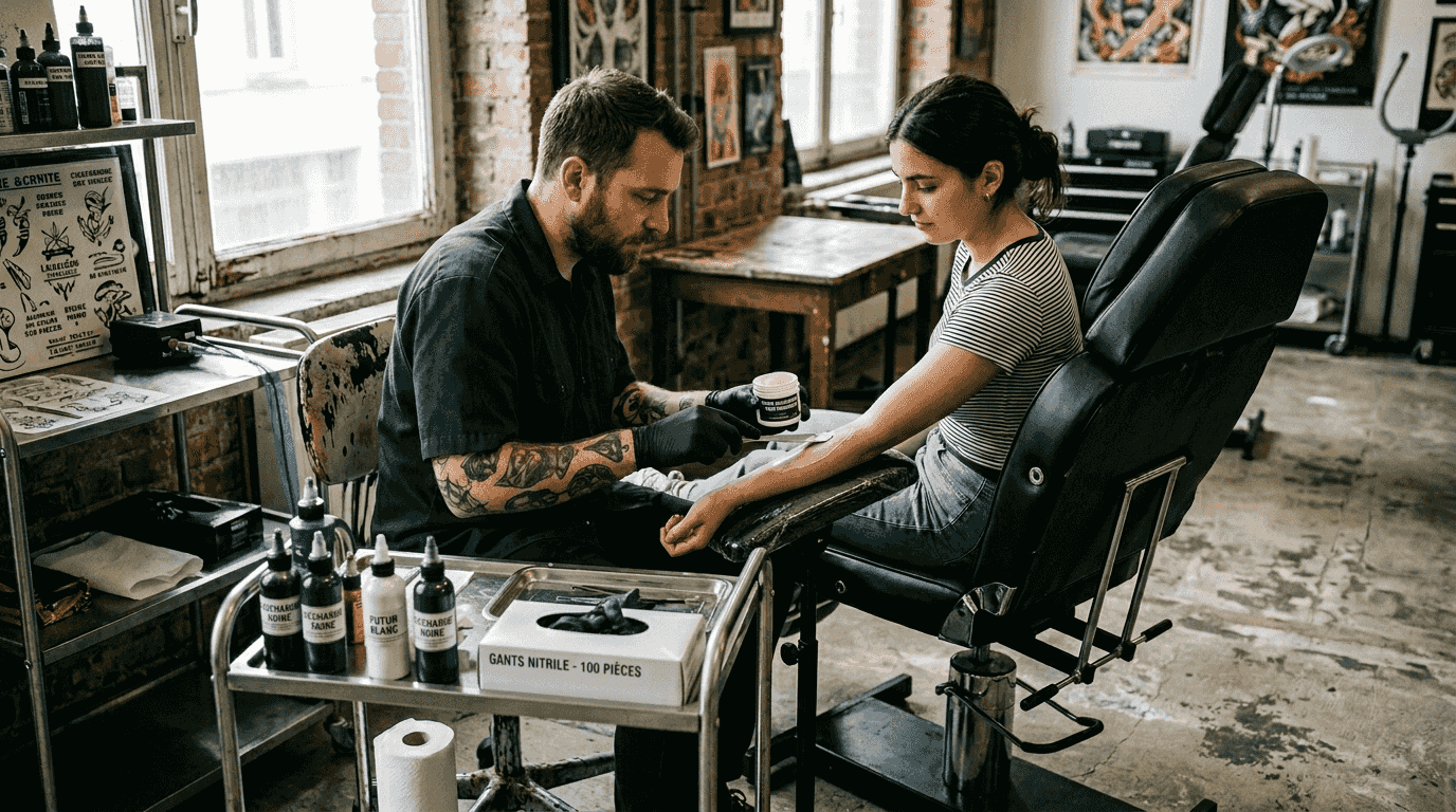 Un tatoueur applique une crème anesthésiante sur le bras de son client avant de commencer le tatouage.