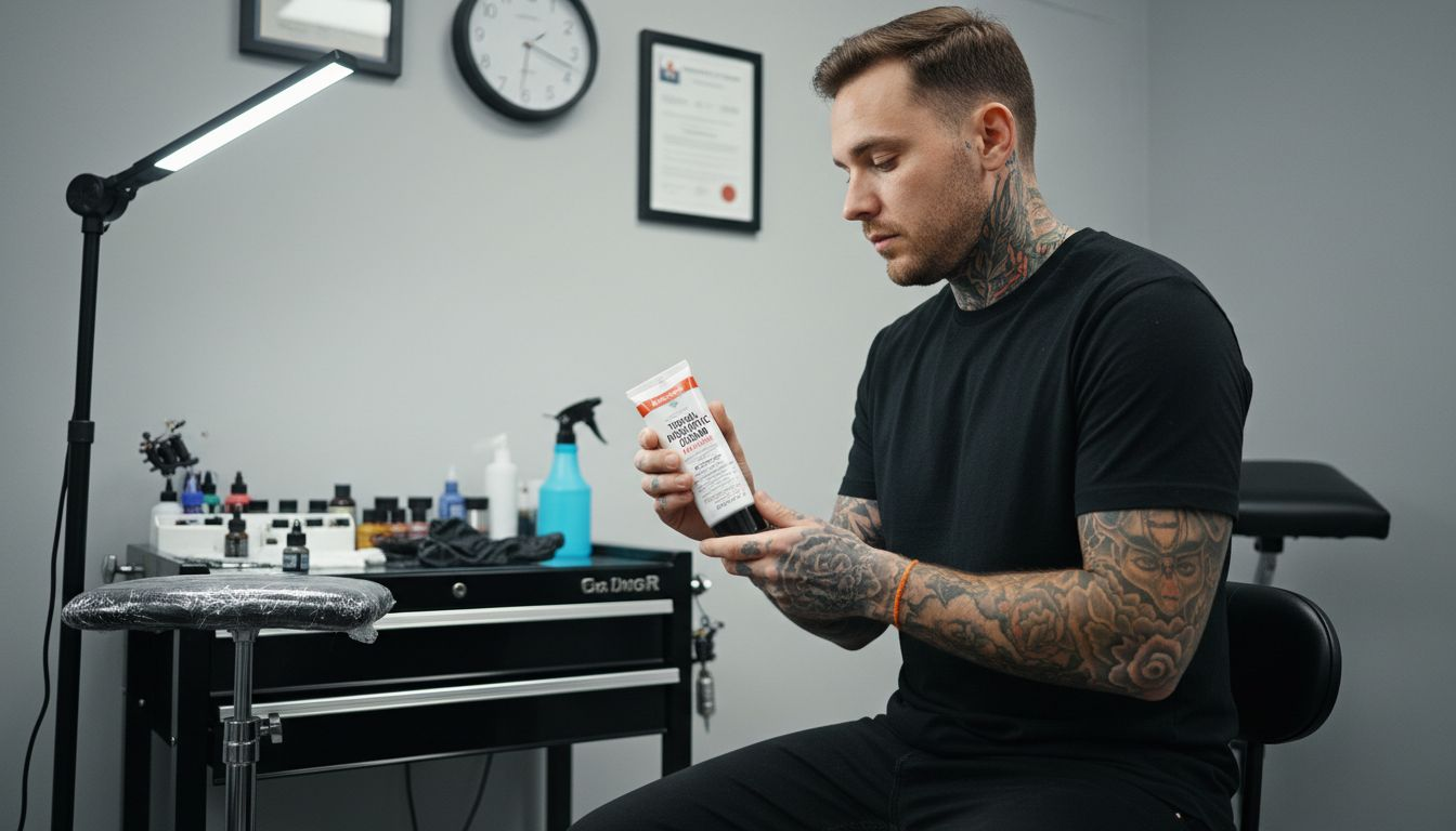 Client checks numbing cream in tattoo studio