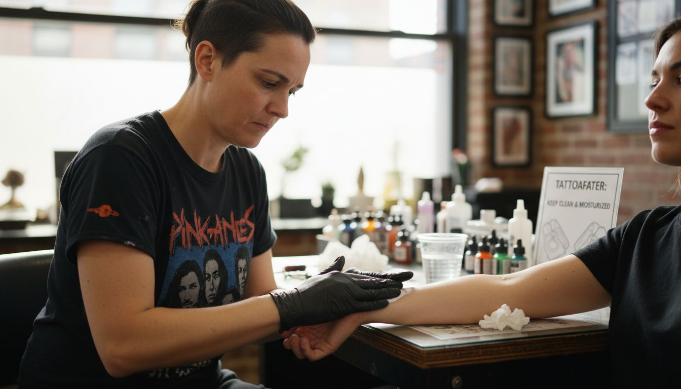 Tattoo artist puts numbing cream on client arm