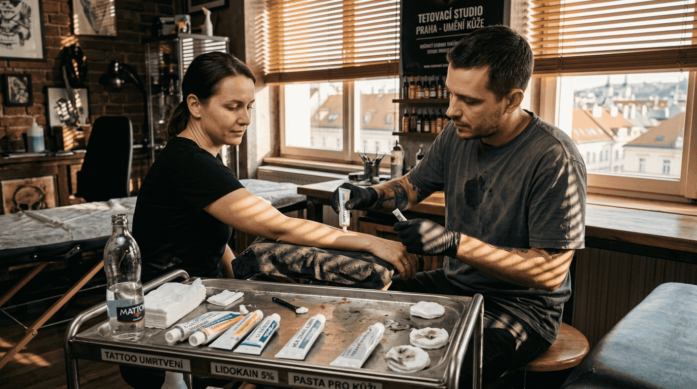 Tatér nanáší znecitlivující krém na kůži.