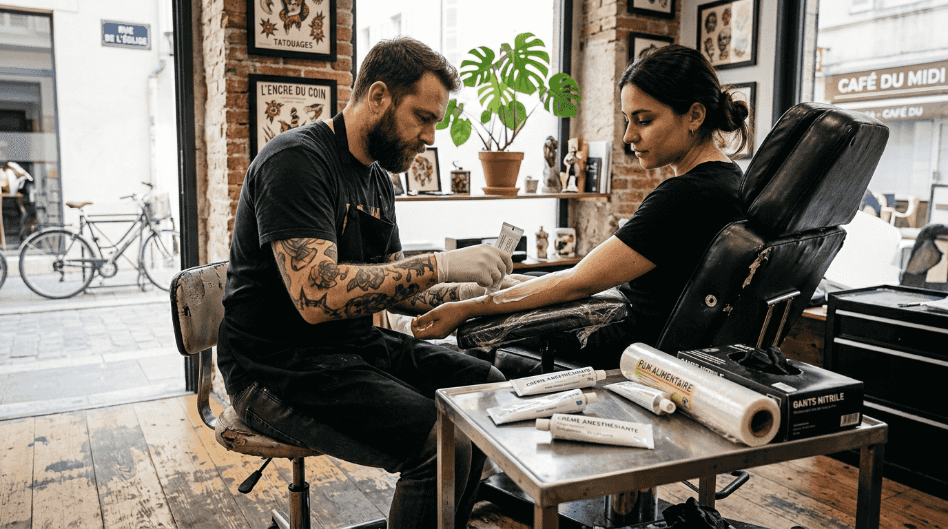Le tatoueur applique une crème anesthésiante sur le bras du client pour limiter la douleur pendant la séance.