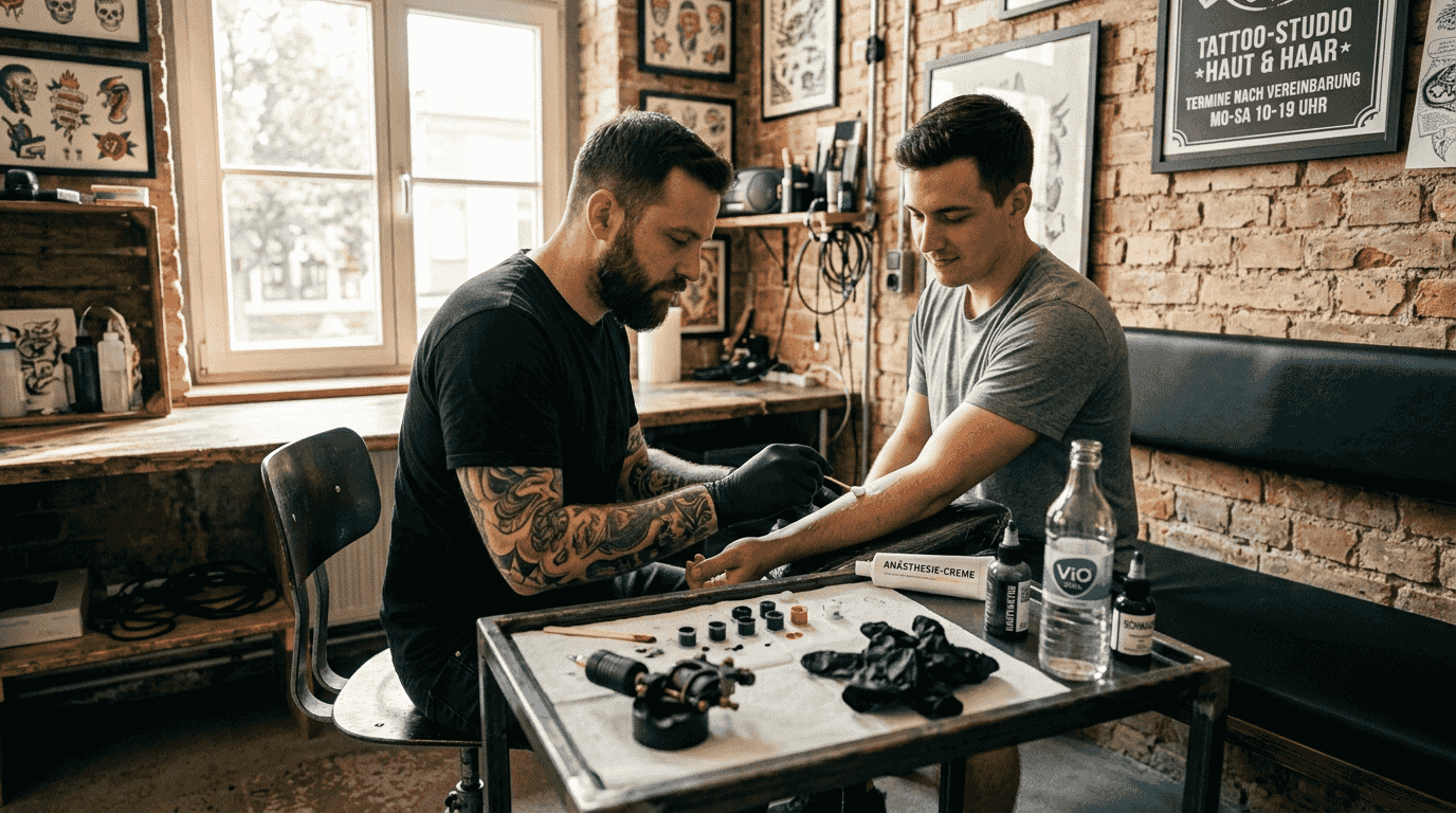 Ein Tätowierer trägt im Studio eine betäubende Creme auf, um die Haut auf das Stechen vorzubereiten.