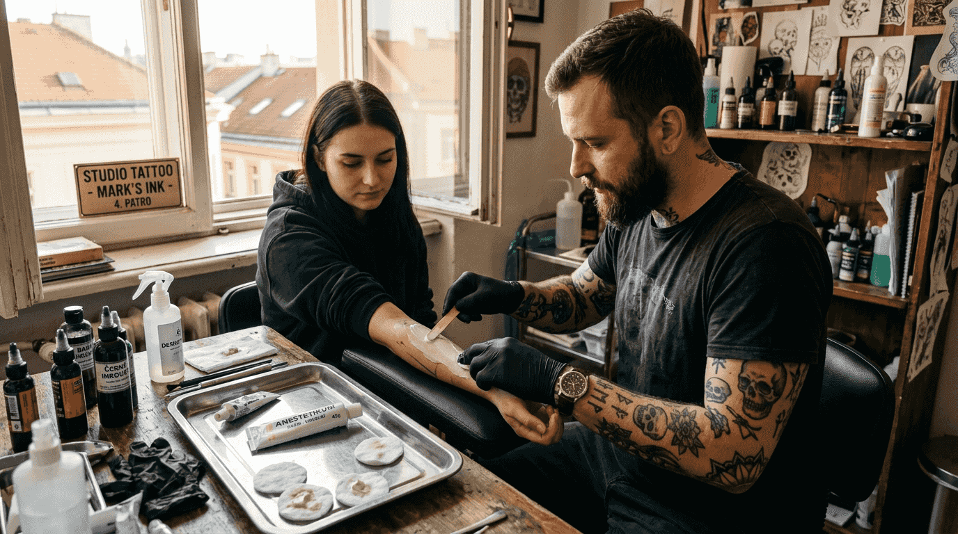 Tatér nanáší znecitlivující krém před samotným tetováním.