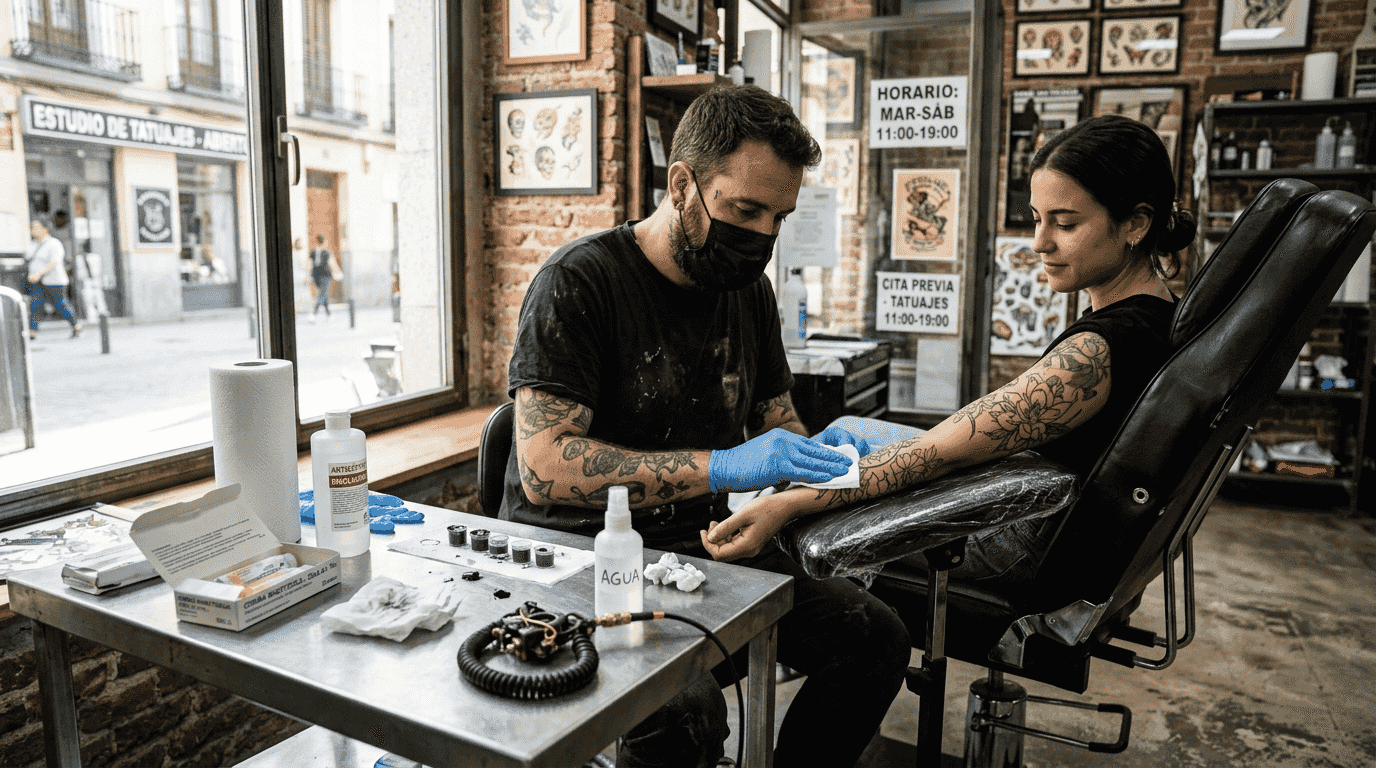 El tatuador limpia y prepara la piel antes de empezar, sin aplicar ningún tipo de crema anestésica.