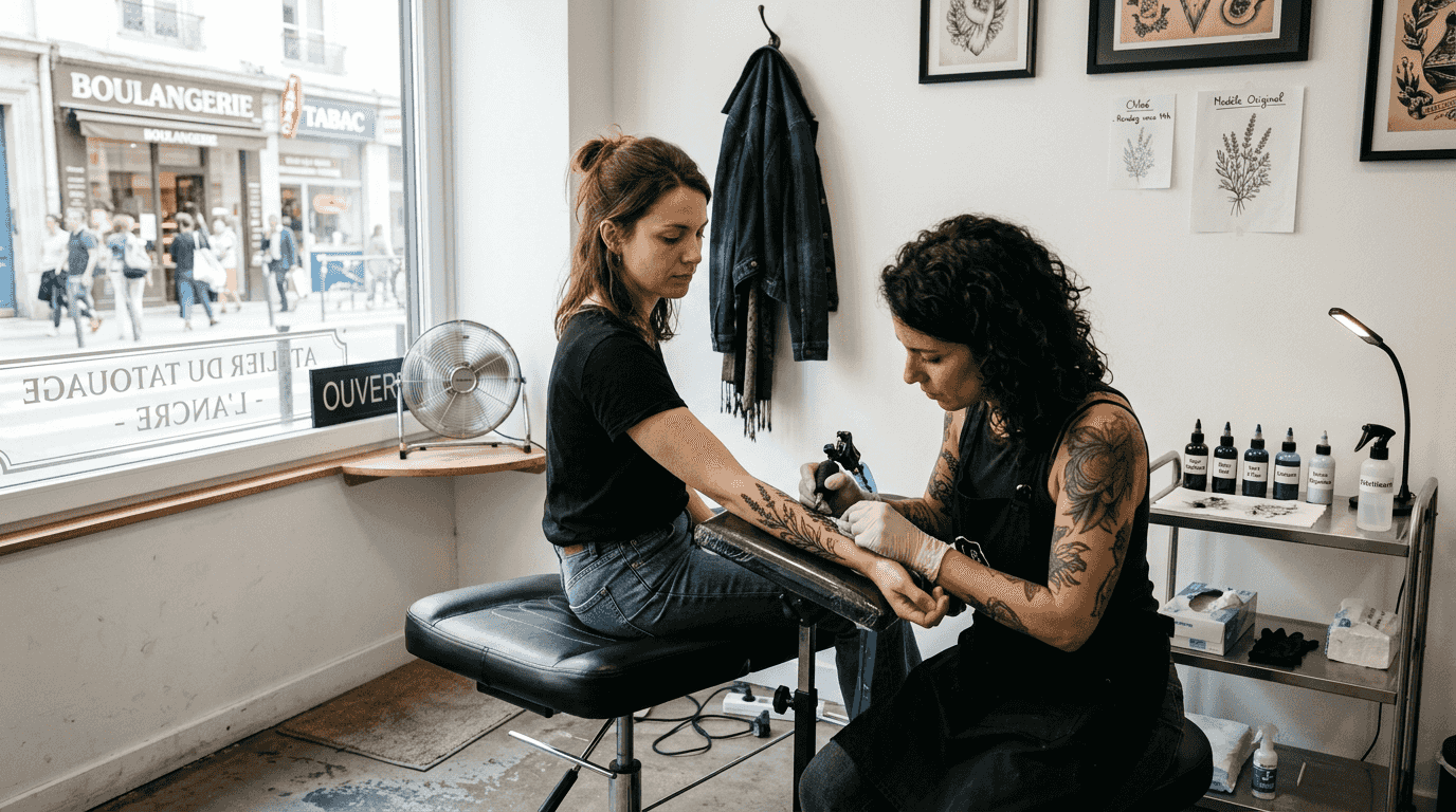 Une femme en pleine séance de tatouage dans un salon spécialisé.