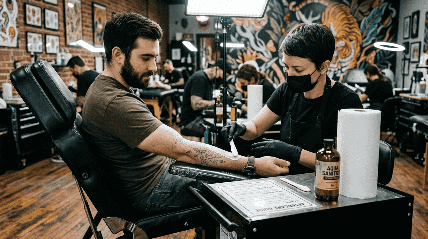 Tattoo artist applies numbing cream preparation