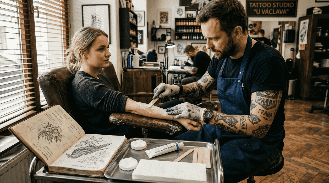 Tatér nanáší na ruku znecitlivující krém, aby tetování bylo pohodlnější.