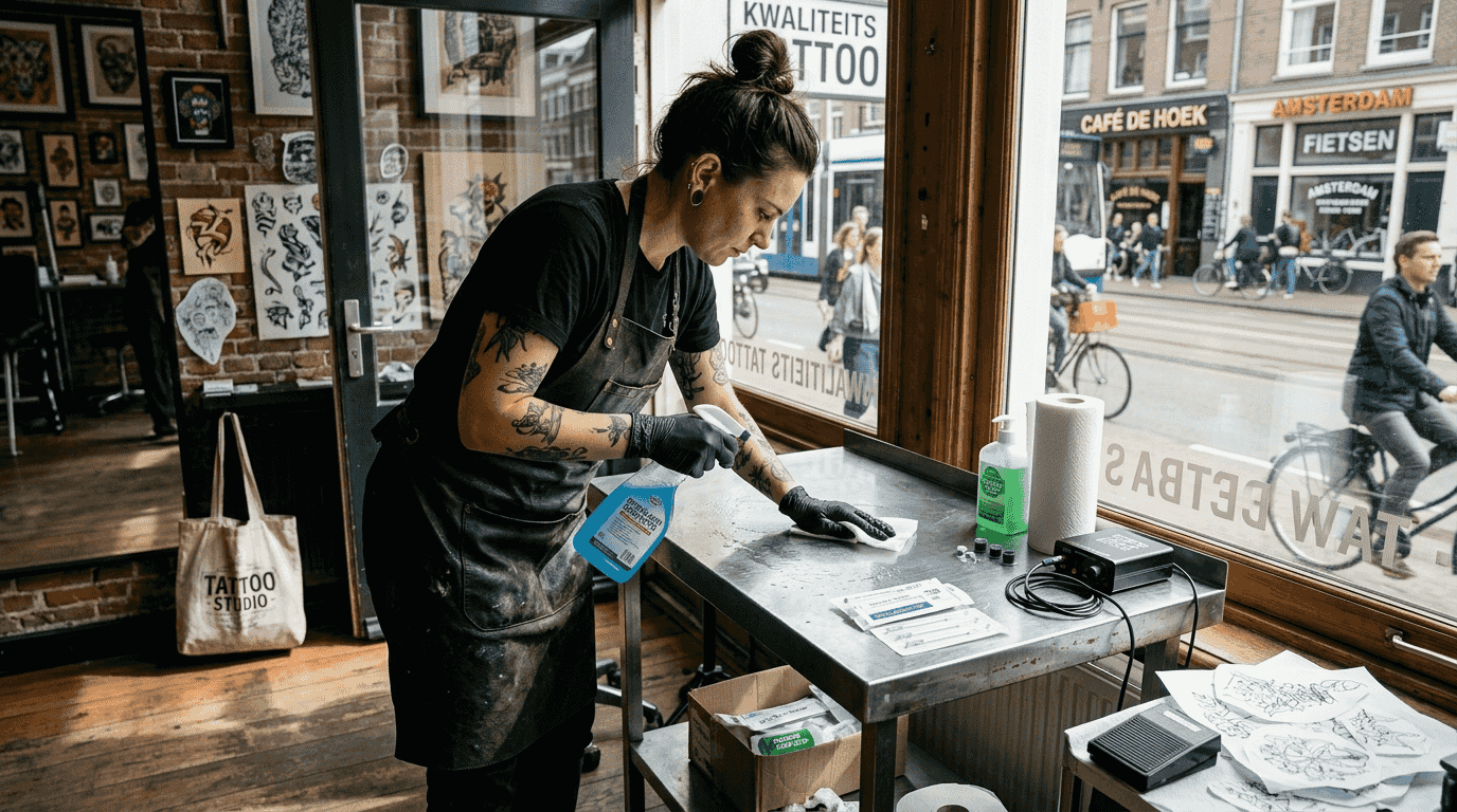 Tattooëerder maakt zijn werkplek in de studio schoon