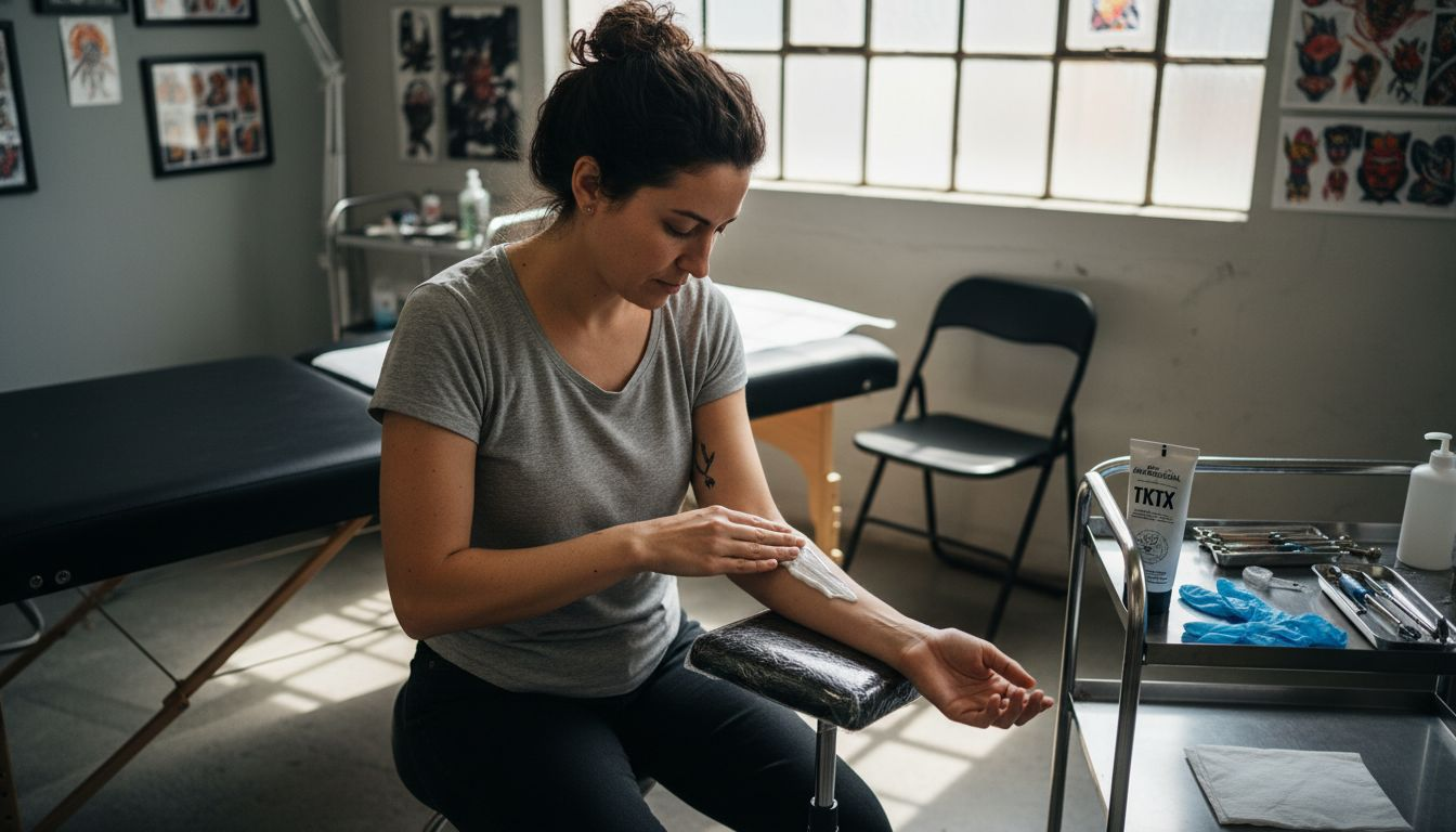 Una mujer se prepara para tatuarse aplicándose crema anestésica en el estudio.