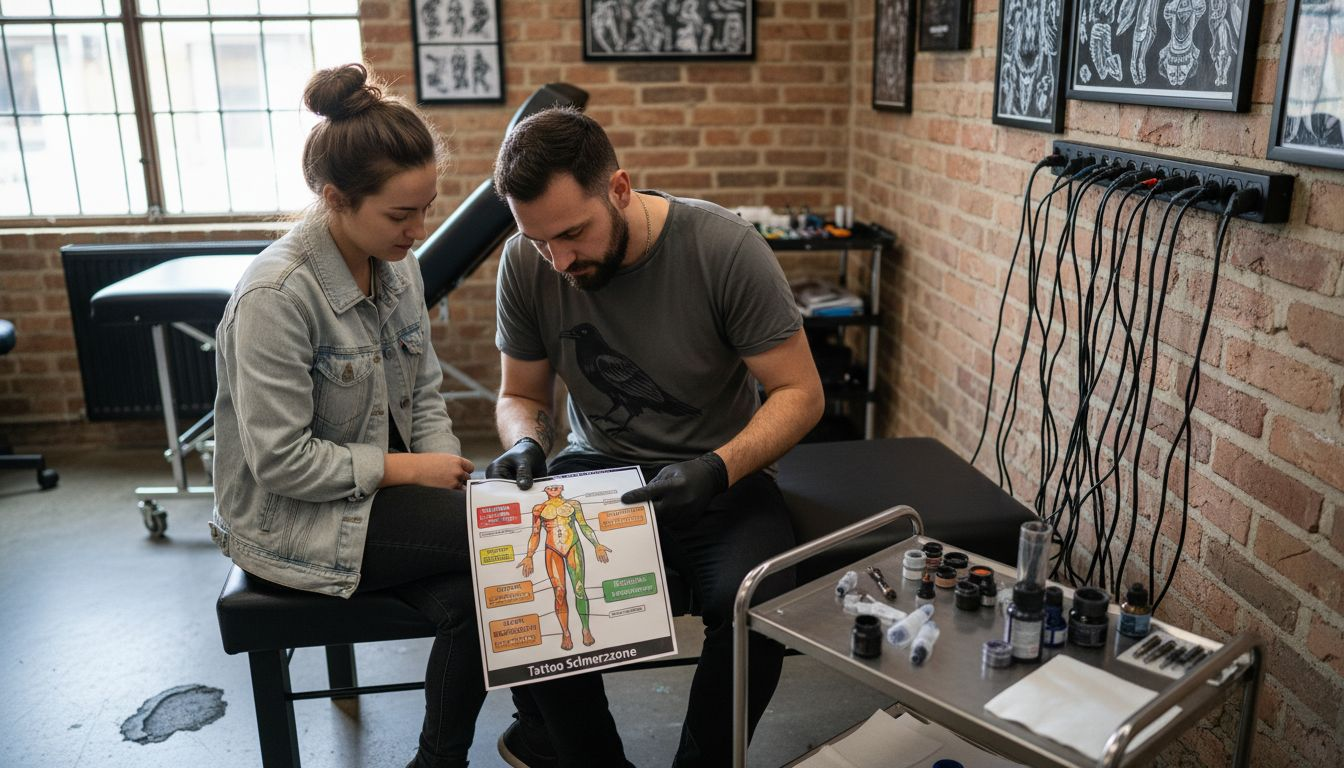 Der Tätowierer erklärt seinem Kunden, an welchen Stellen das Stechen besonders weh tut.