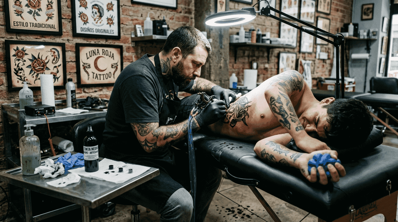 Tatuador realizando un diseño en las costillas de un cliente dentro del estudio