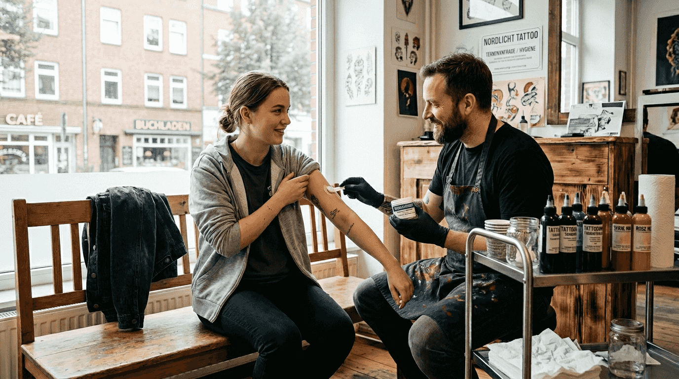 Der Tätowierer trägt eine Betäubungscreme auf die Haut des Kunden auf.