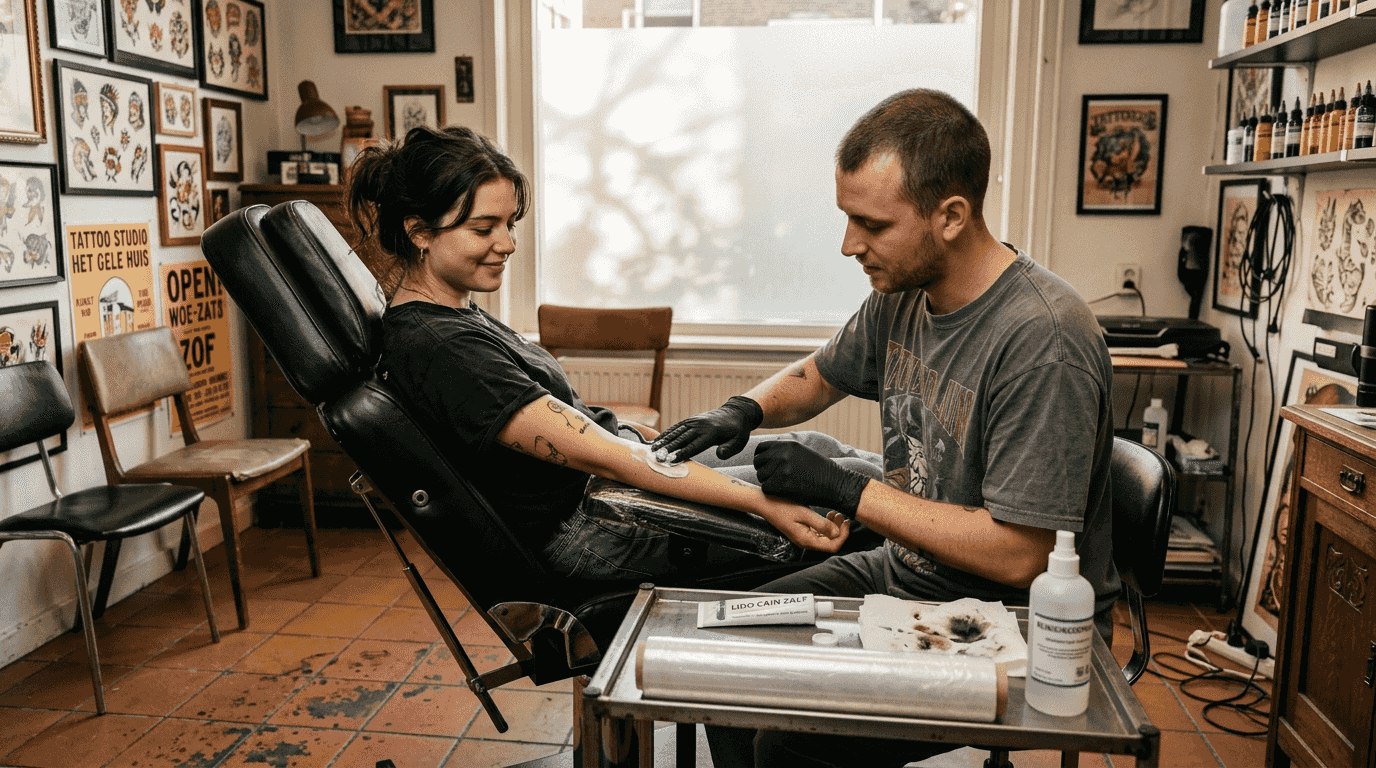 De tatoeëerder brengt verdovende crème aan op de arm van de klant.