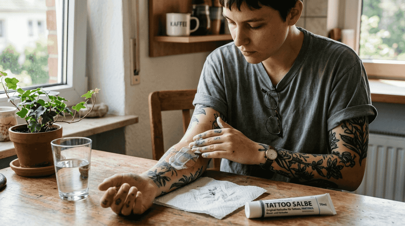 Eine Person pflegt ihre tätowierte Haut, indem sie Creme darauf einreibt.