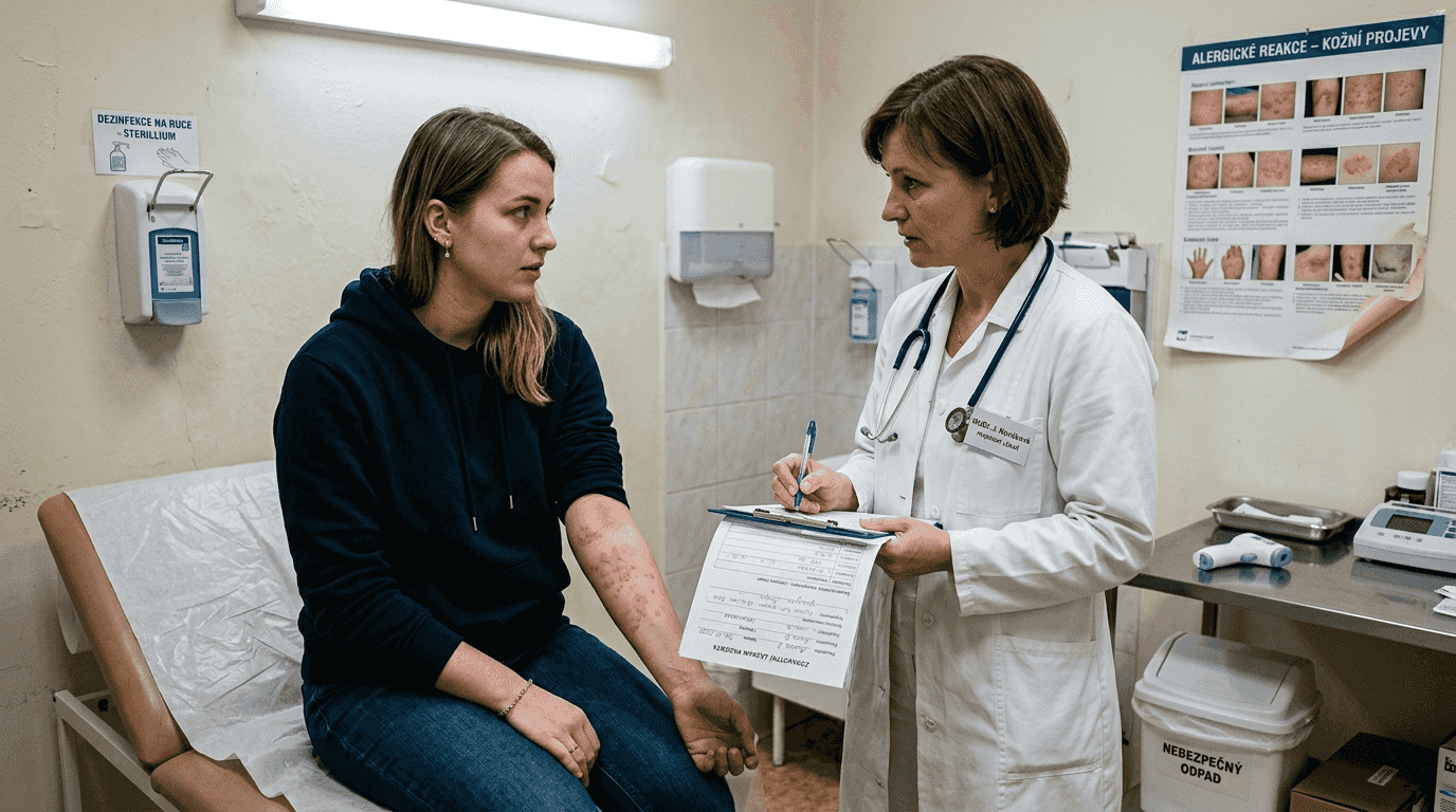 Žena přišla do ordinace ukázat lékaři vyrážku, kterou jí způsobil alergický reakce.