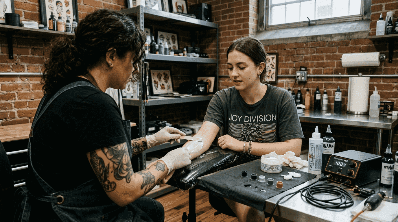 Tattoo artist applies numbing cream in studio