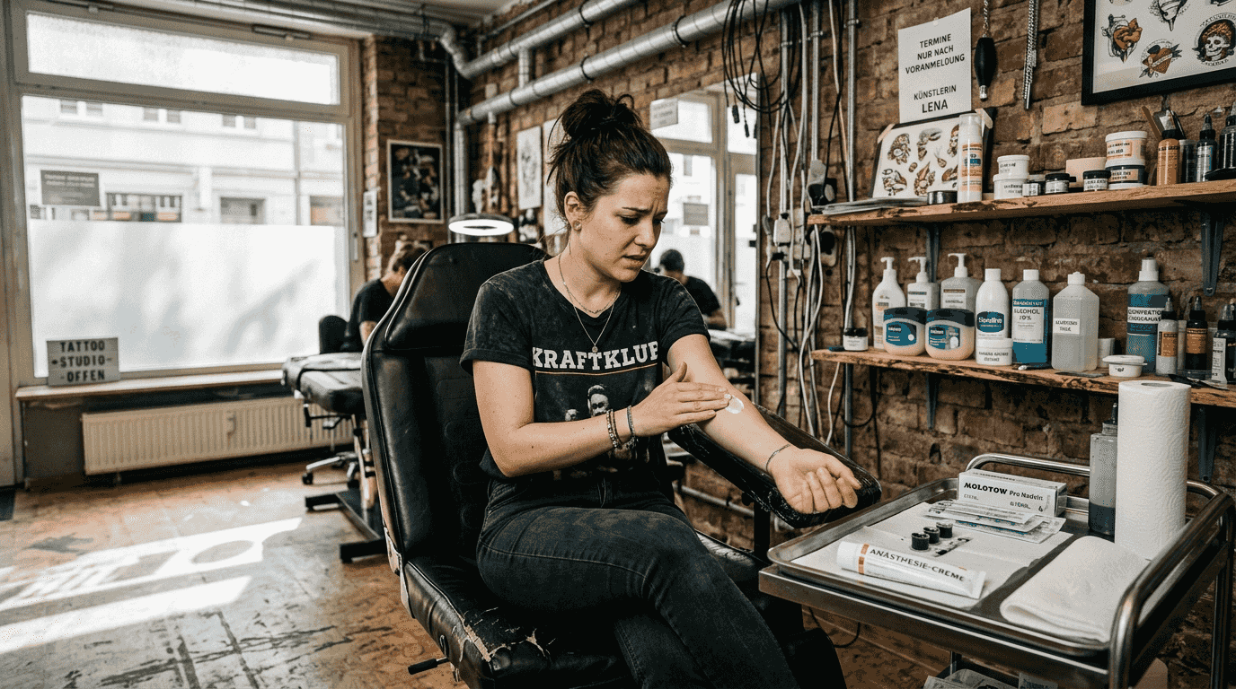 Eine Frau trägt im Tattoo-Studio eine betäubende Salbe auf ihre Haut auf.