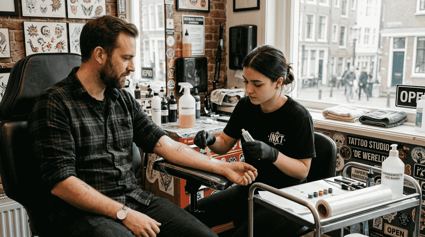 De tatoeëerder smeert verdovende crème op de arm voordat hij begint met tatoeëren.