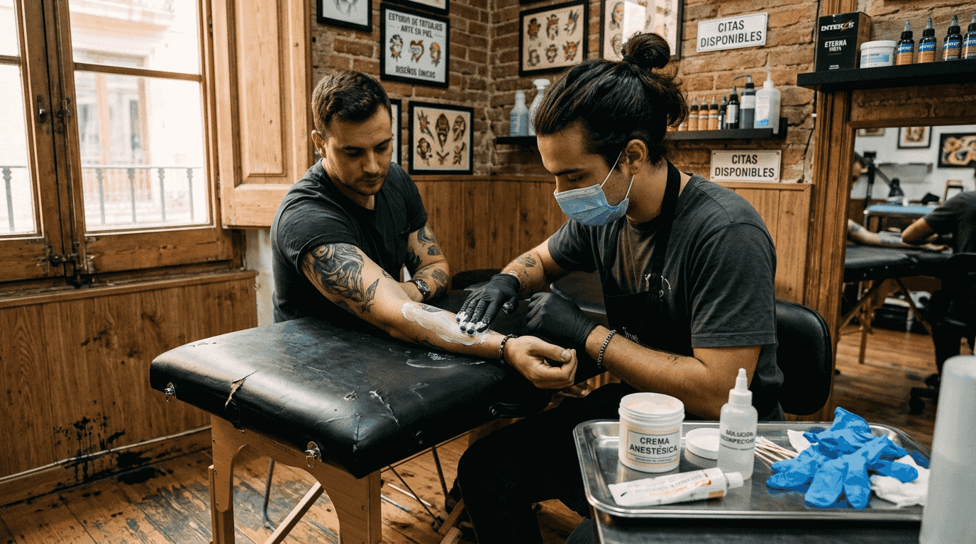 Profesional del tatuaje aplicando crema anestésica antes de comenzar una sesión en el estudio