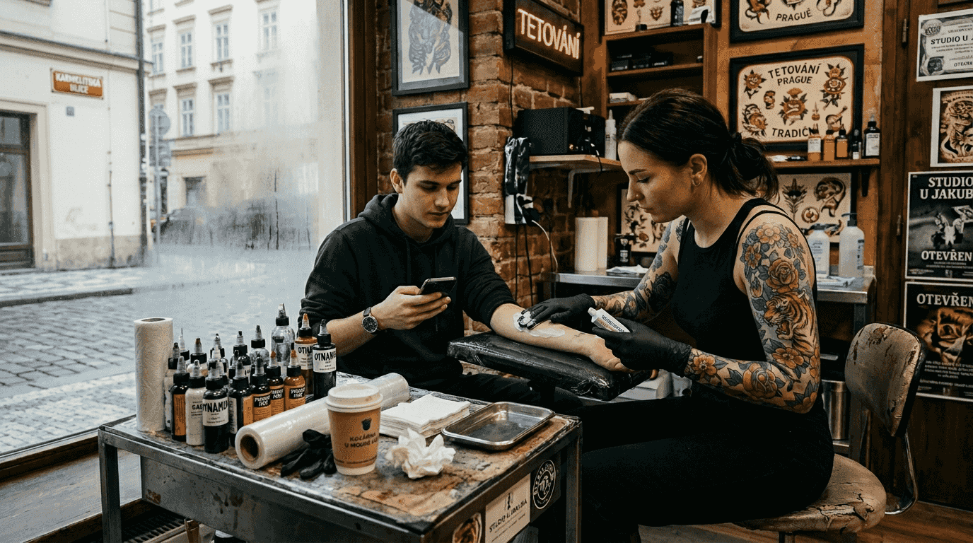 Tatér nanáší zákazníkovi znecitlivující krém před začátkem tetování.