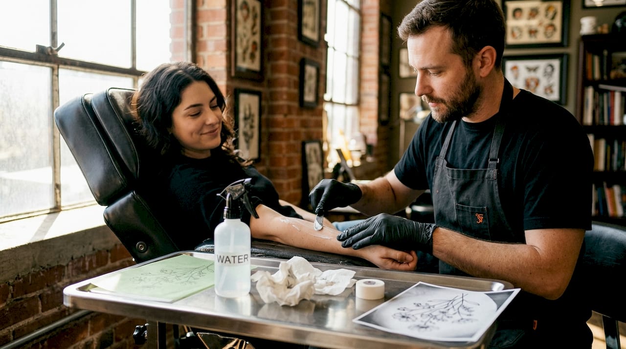Tattoo artist applying numbing cream before session