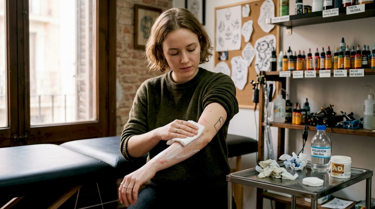 Una persona se limpia la crema anestésica del antebrazo.