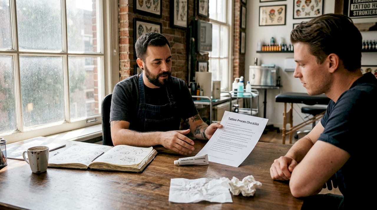 Een tatoeëerder bespreekt samen met een klant het ontwerp in de studio.