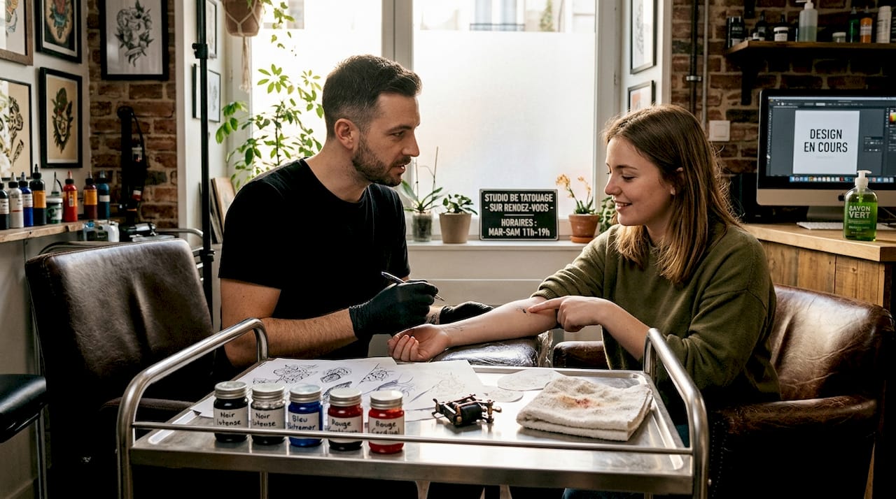 Le tatoueur prend le temps d'expliquer à son client quelles parties du corps sont les plus sensibles lors d'un tatouage.