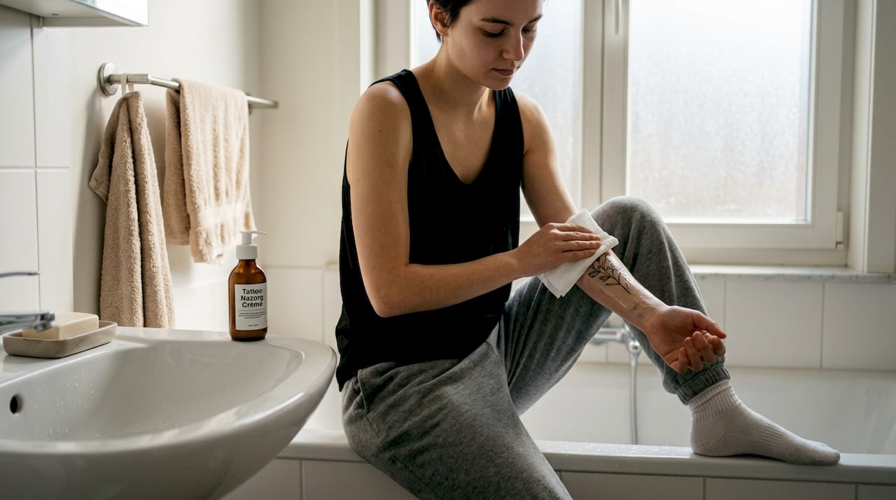 Iemand verzorgt voorzichtig zijn nieuwe tatoeage thuis door deze zachtjes schoon te maken.