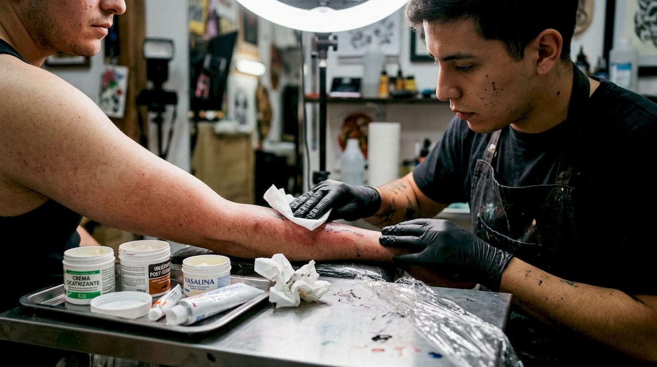 El tatuador atiende a un cliente que presenta una reacción alérgica en su tatuaje.