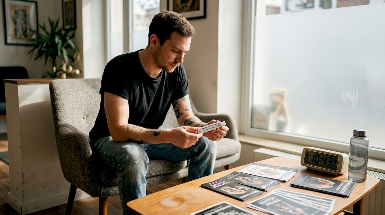 Bevor es mit dem Tattoo losgeht, prüft die Person noch schnell die Betäubungscreme.