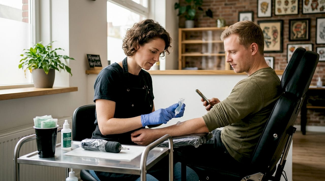 Een tatoeëerder brengt verdovende gel aan op de huid van de klant voordat hij begint met tatoeëren.