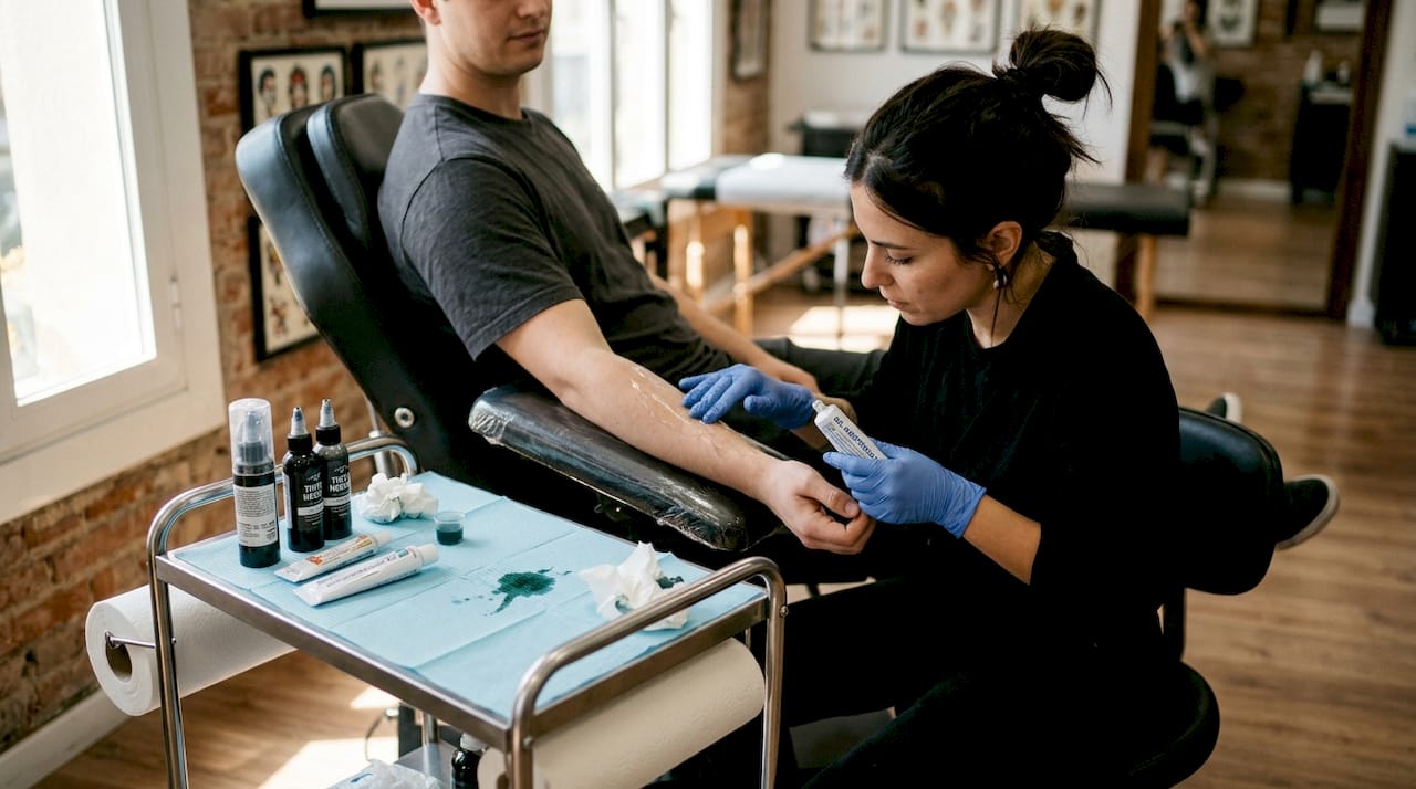 El tatuador aplica gel anestésico en el antebrazo antes de comenzar la sesión.