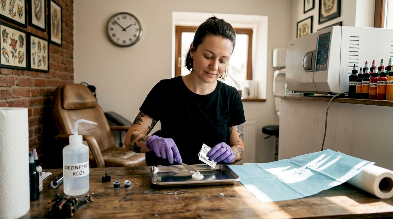 Tatér si v ateliéru připravuje anestetikum před začátkem tetování.