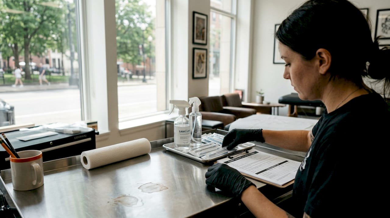 Tattoo artist preparing safe, clean studio
