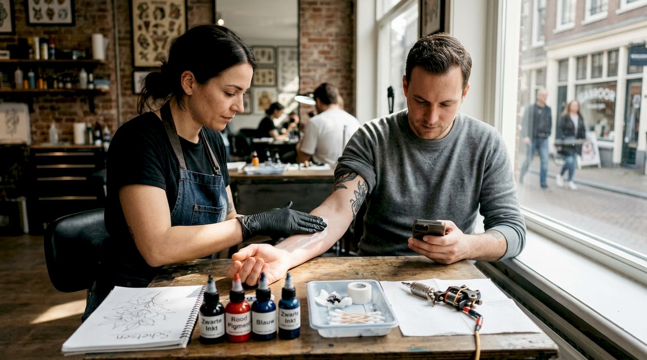 Een tattoeëerder brengt verzorgende crème aan op de arm van een klant.