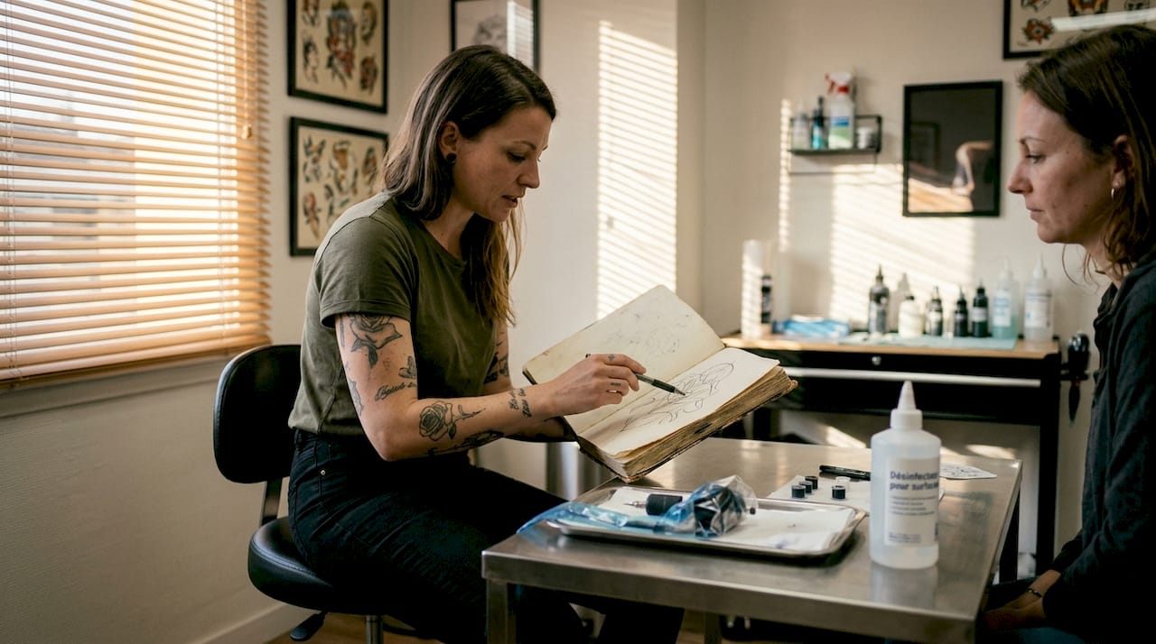 Un tatoueur échange avec un client pour discuter de son projet dans son atelier.