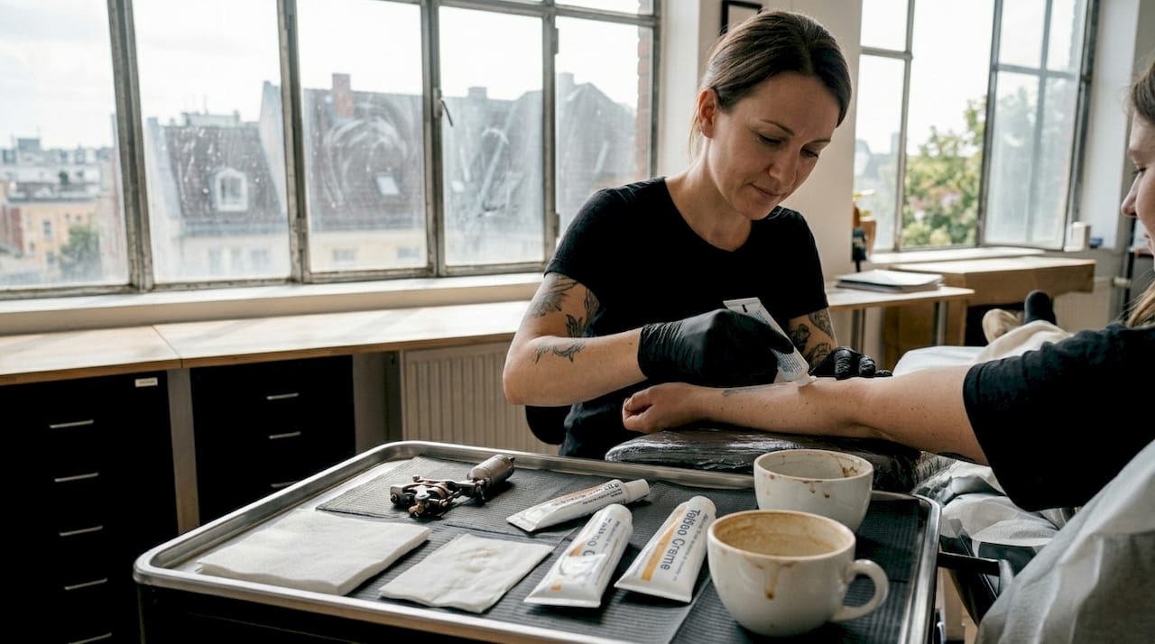Ein Tätowierer trägt im Studio eine betäubende Creme auf, um den Schmerz beim Stechen zu lindern.
