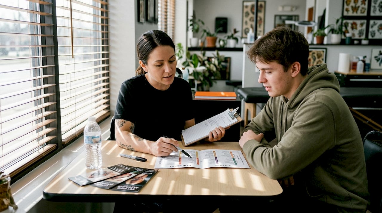 Tattoo artist consulting client about pain chart