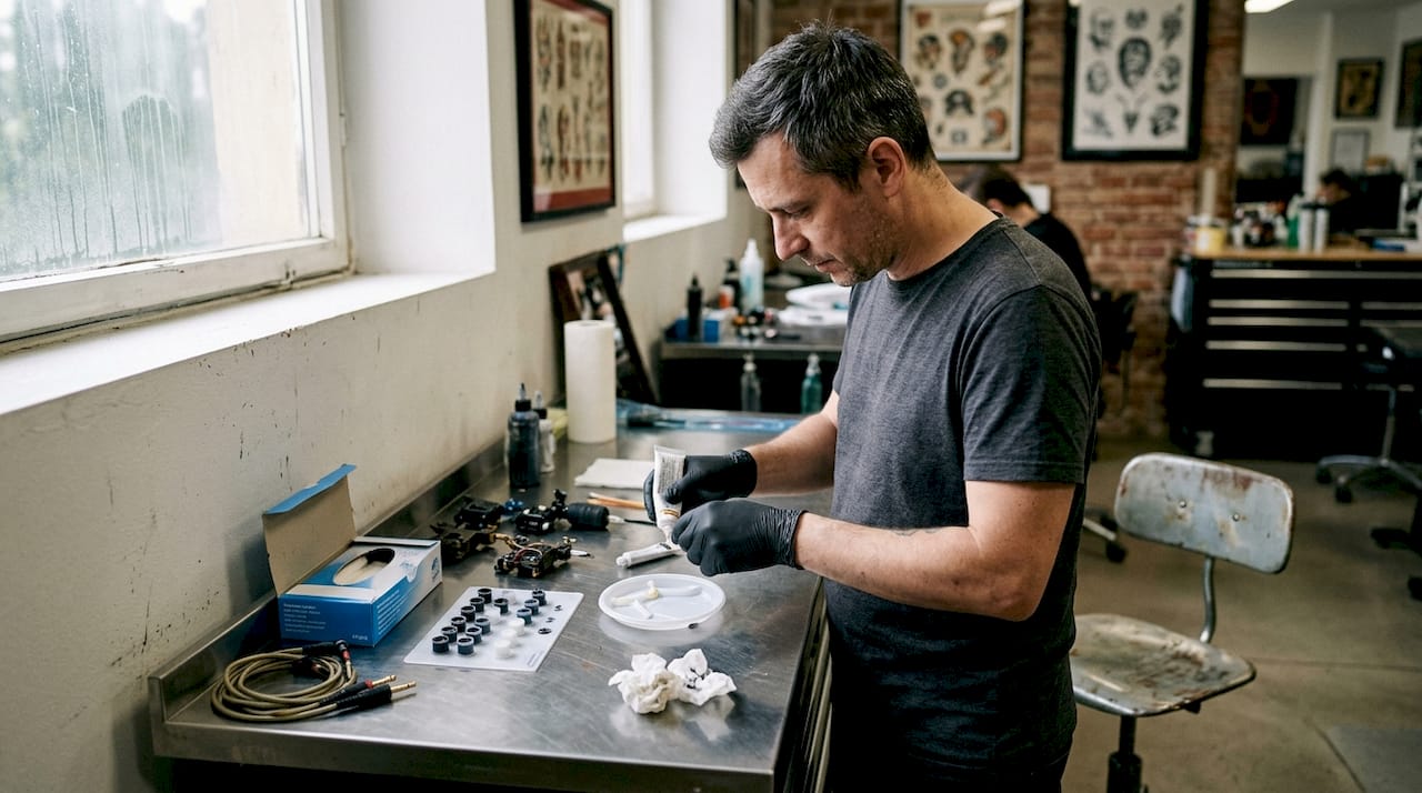 Tatér si u svého stolu připravuje znecitlivující krém na nadcházející tetování.