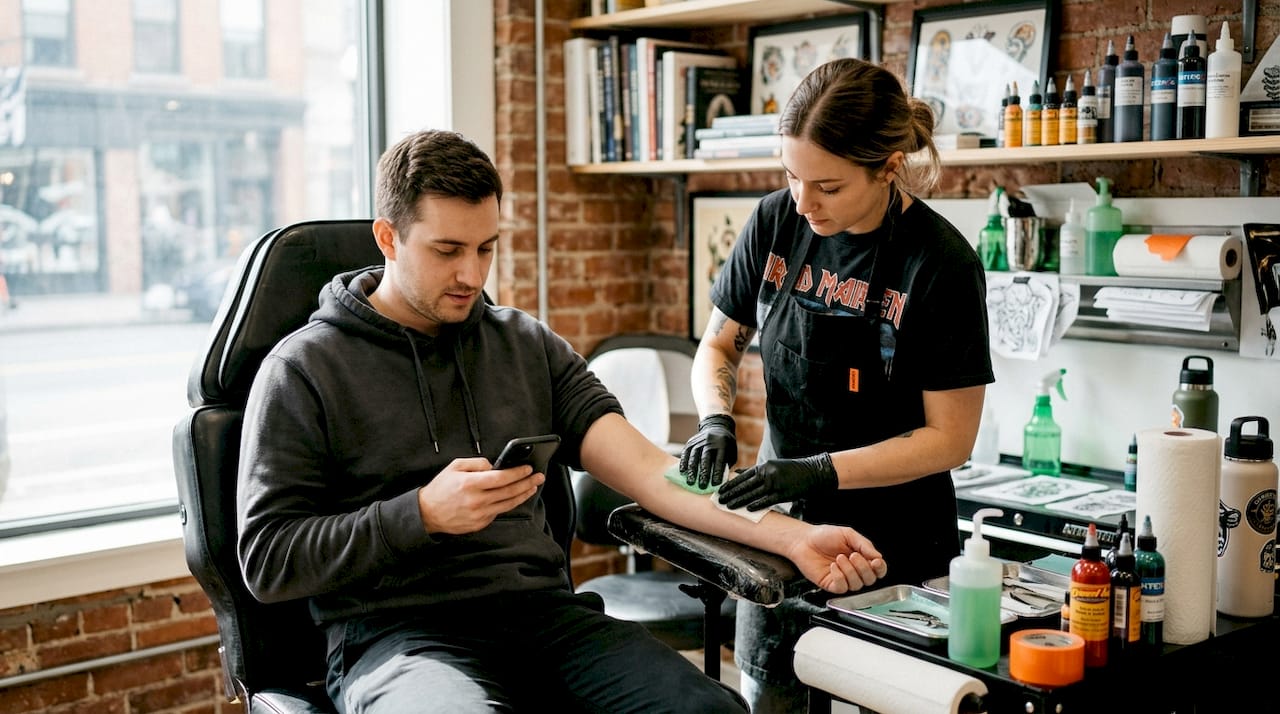 Tattoo client relaxed in comfortable studio