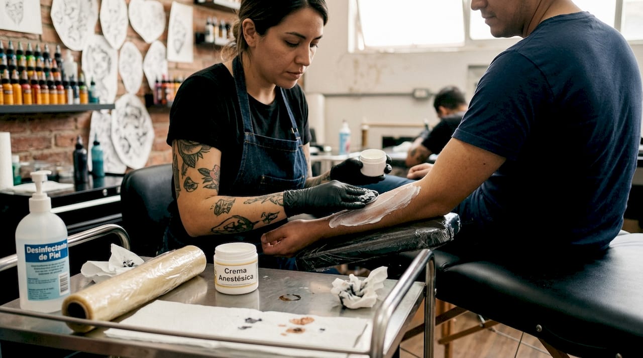 Artista del tatuaje aplicando crema anestésica antes de comenzar la sesión