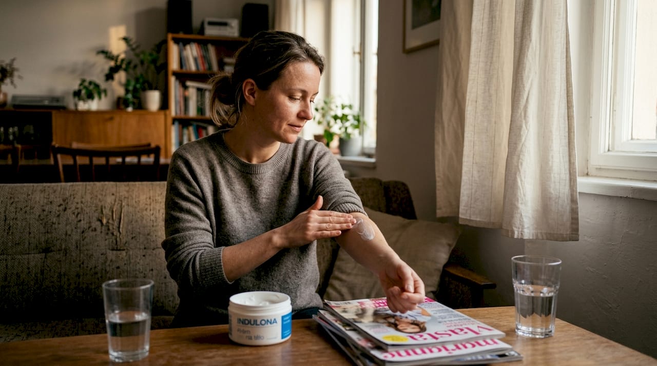 Žena si doma pečlivě vtírá hydratační krém do rukou.