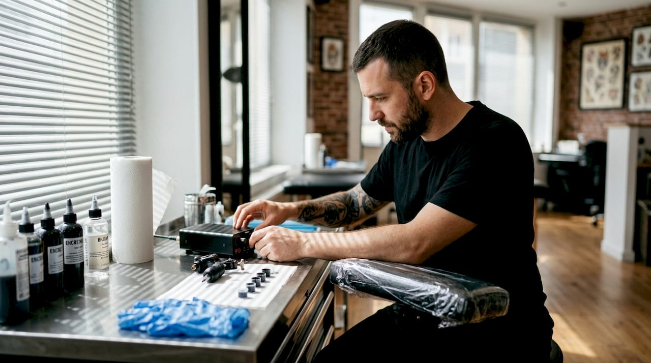 Dans son atelier baigné de lumière, le tatoueur règle minutieusement sa machine avant de commencer le travail.